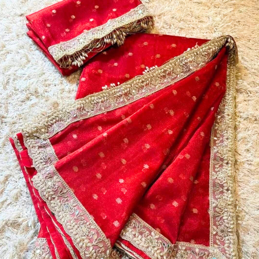 Red Color Banarasi Tissue Silk Saree With Lace Work Alna Apparels
