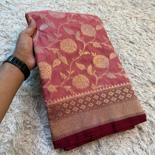 Rose Gold Banarasi Mashroo Kathan Meenakari Soft Silk Saree Alna Apparels