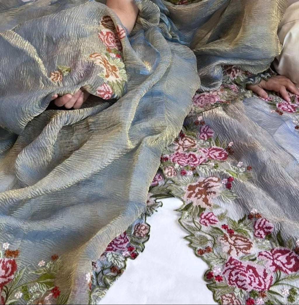 Ash Banarasi Crush Tissue Embroidery Cutwork Saree Alna Apparels