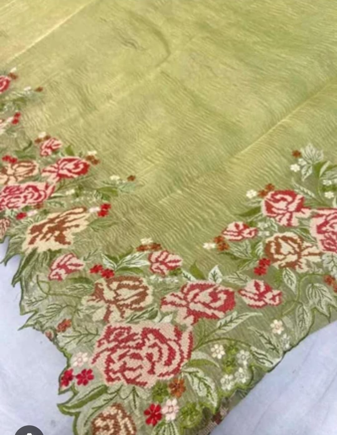 Green Banarasi Crush Tissue Embroidery Cutwork Saree Alna Apparels