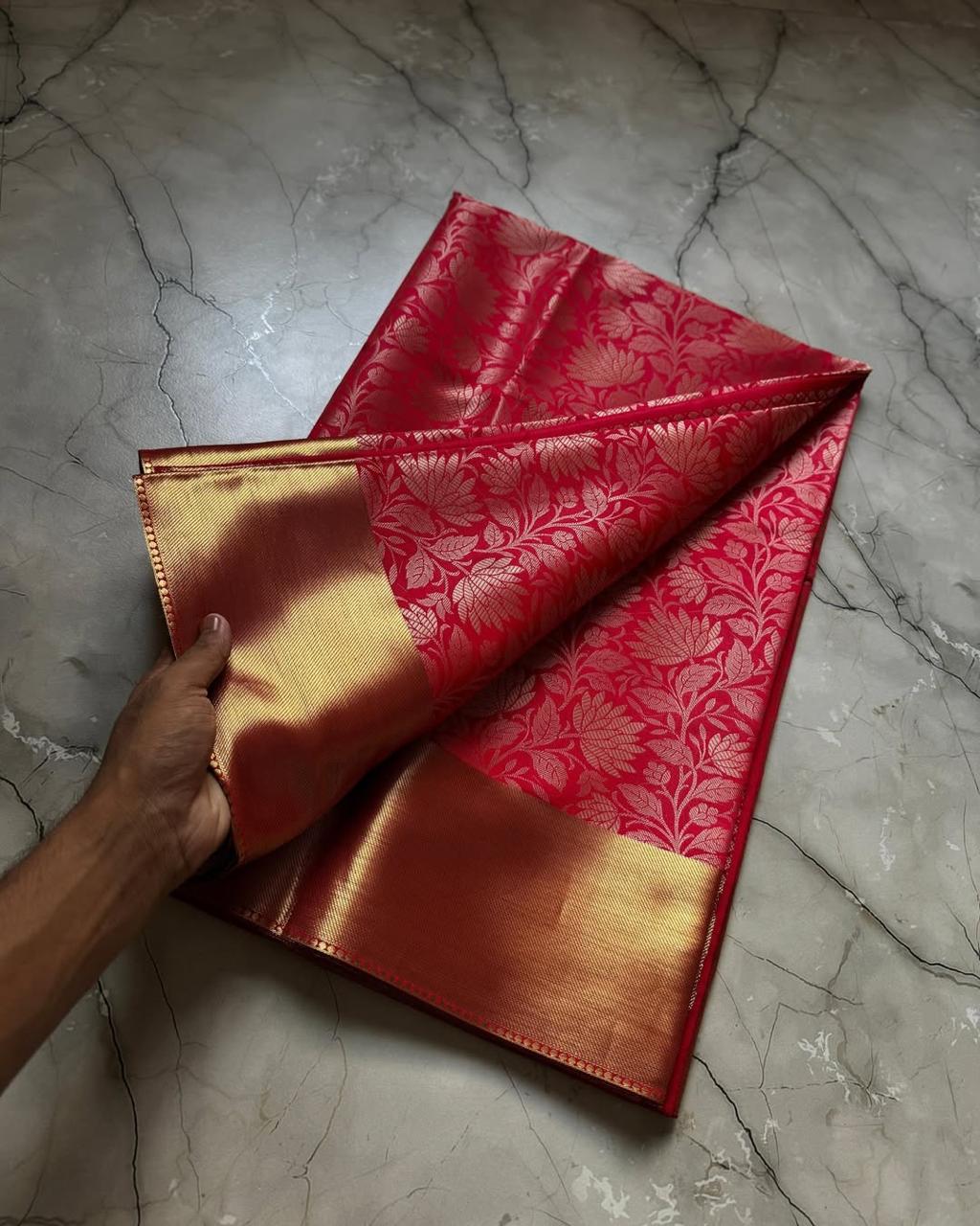 Red Banarasi Semi Kathan Soft Silk Saree Alna Apparels