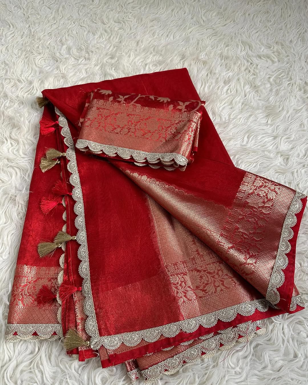 Red Banarasi Tissue Silk Saree With Lace Alna Apparels