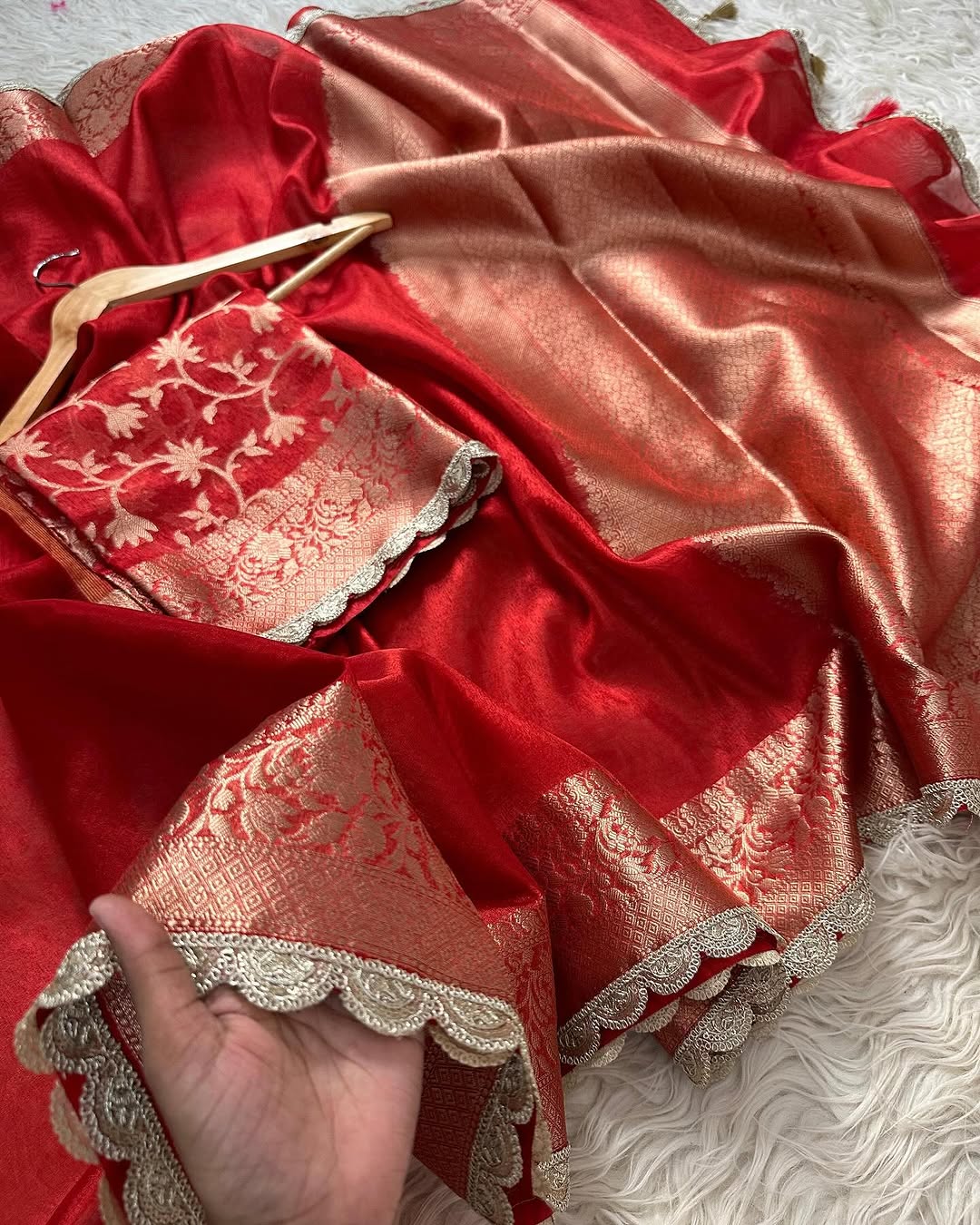 Red Banarasi Tissue Silk Saree With Lace Alna Apparels