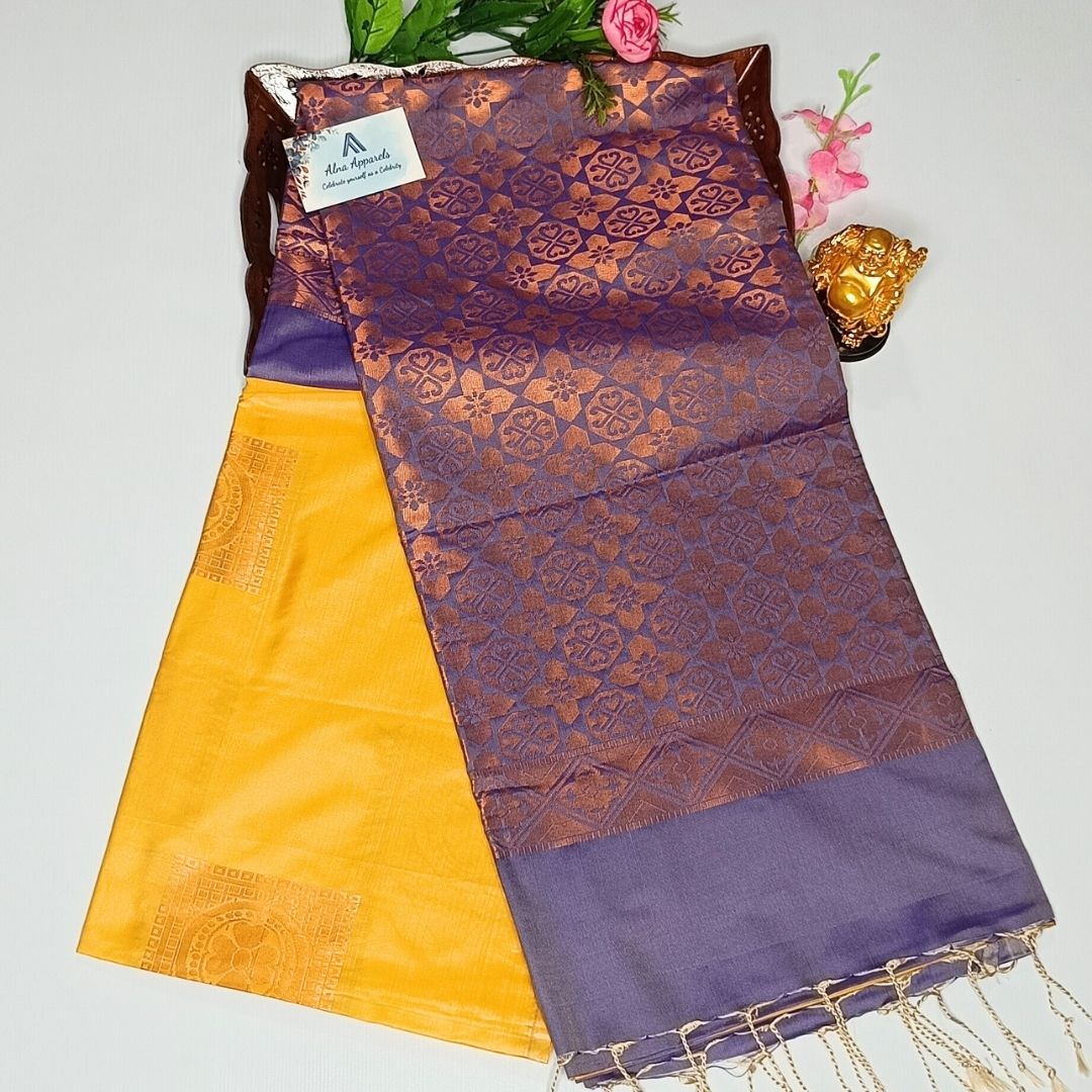 Light Yellow Color Kanchivaram Semi Soft Silk Saree Alna Apparels