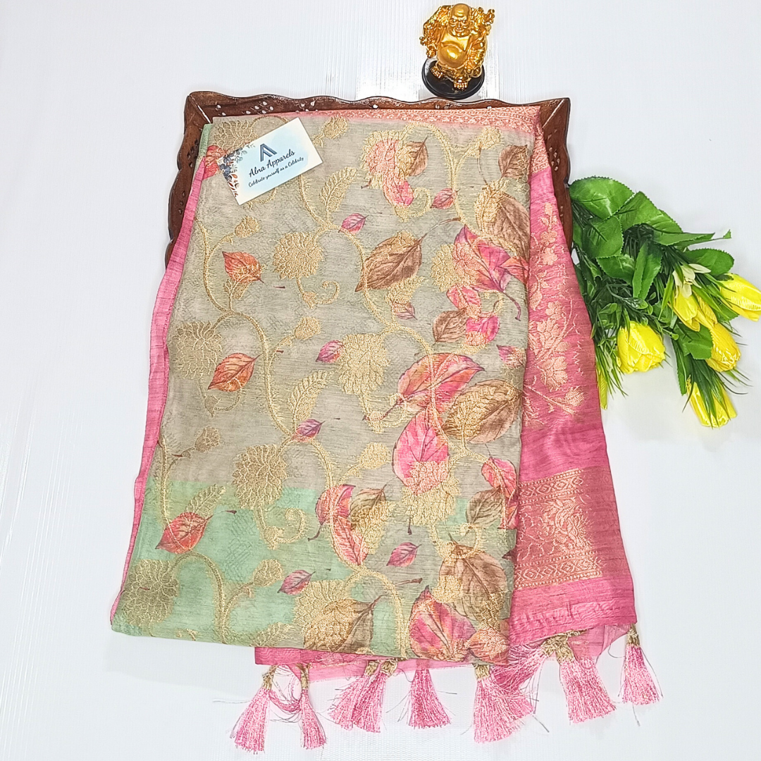 Pasta Green Color Banarasi Organza Saree Alna Apparels