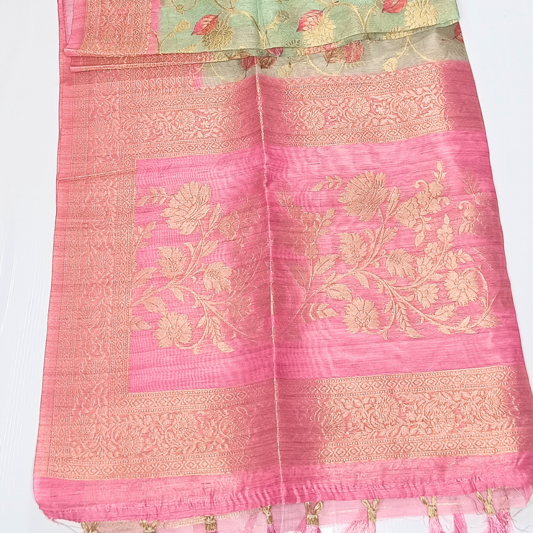 Pasta Green Color Banarasi Organza Saree Alna Apparels