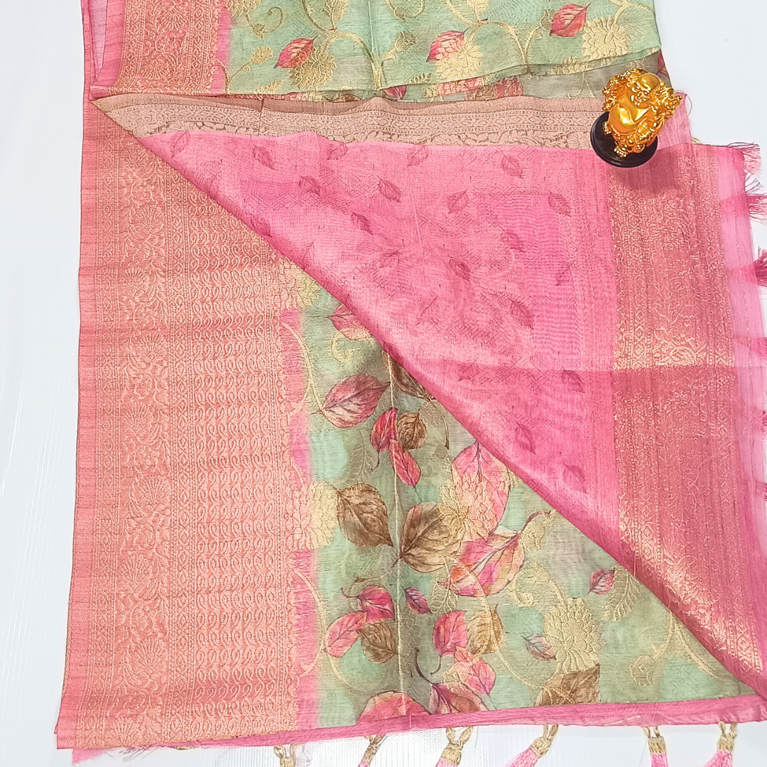 Pasta Green Color Banarasi Organza Saree Alna Apparels