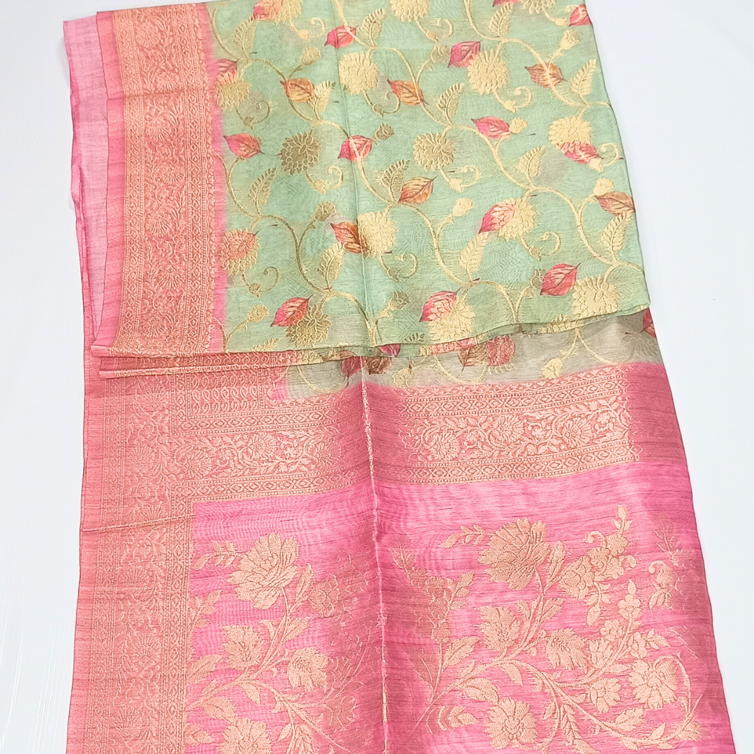 Pasta Green Color Banarasi Organza Saree Alna Apparels