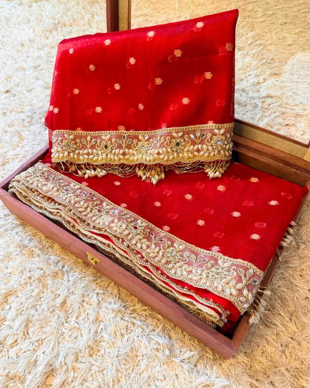 Red Color Banarasi Tissue Silk Saree With Lace Work Alna Apparels