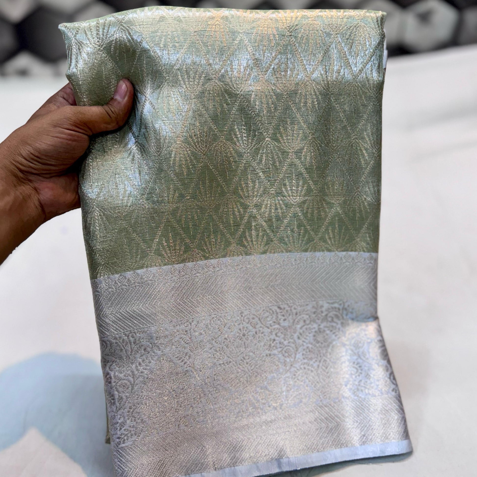 Olive Green Banarasi Tissue Silk Saree Alna Apparels