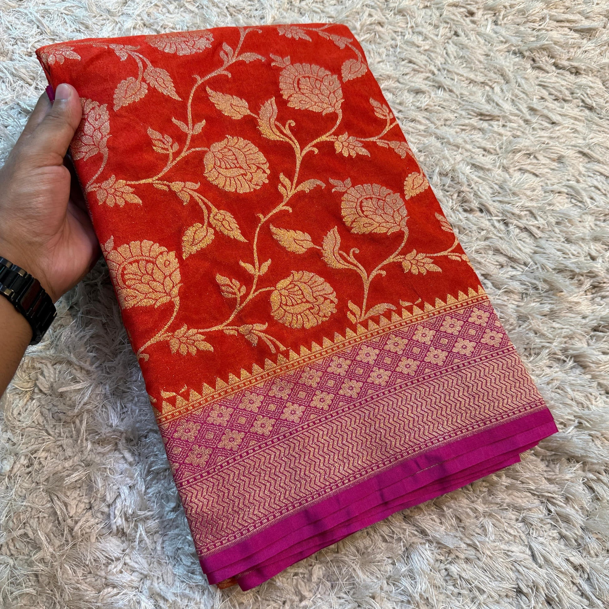Orange Banarasi Mashroo Kathan Meenakari Soft Silk Saree Alna Apparels