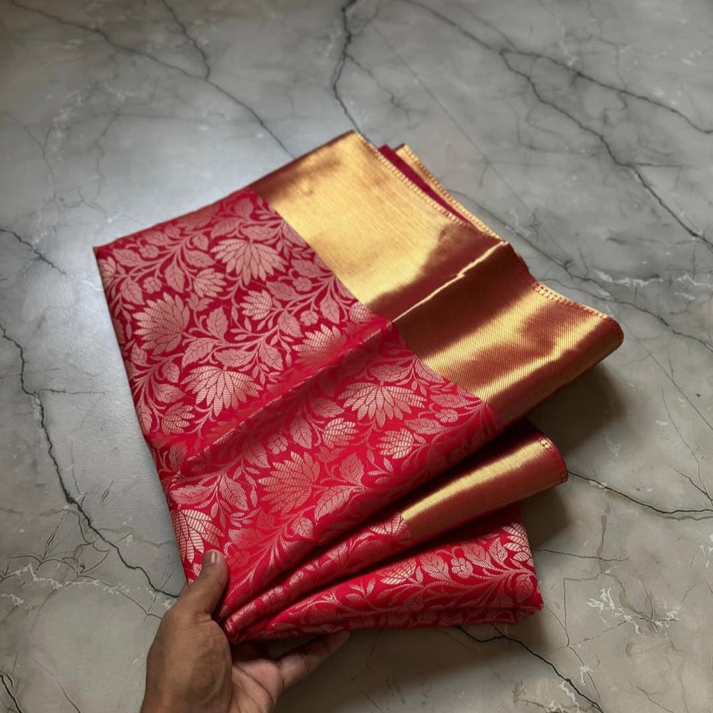 Red Banarasi Semi Kathan Soft Silk Saree Alna Apparels