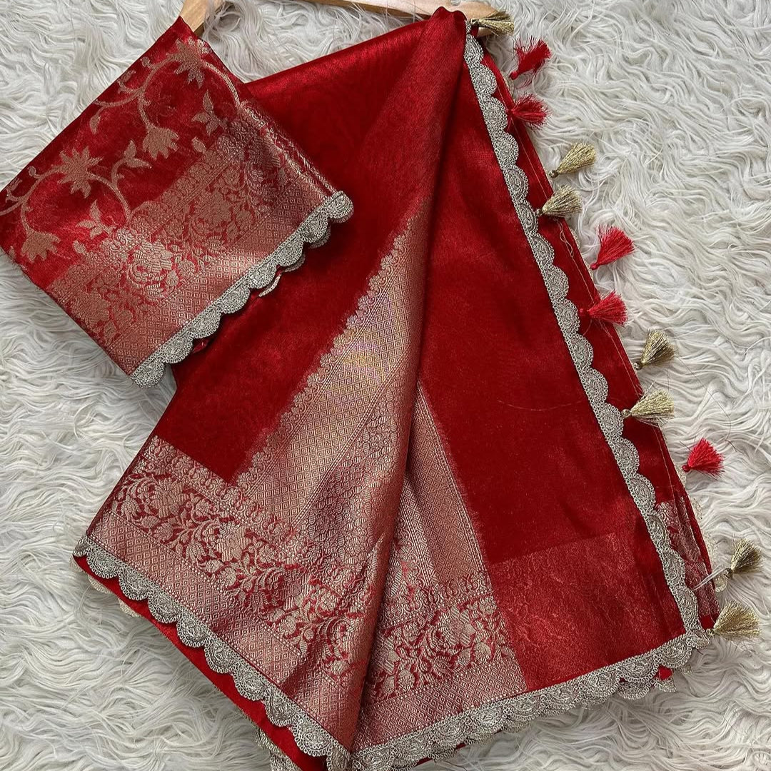 Red Banarasi Tissue Silk Saree With Lace Alna Apparels