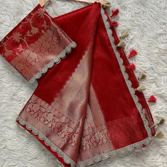 Red Banarasi Tissue Silk Saree With Lace Alna Apparels