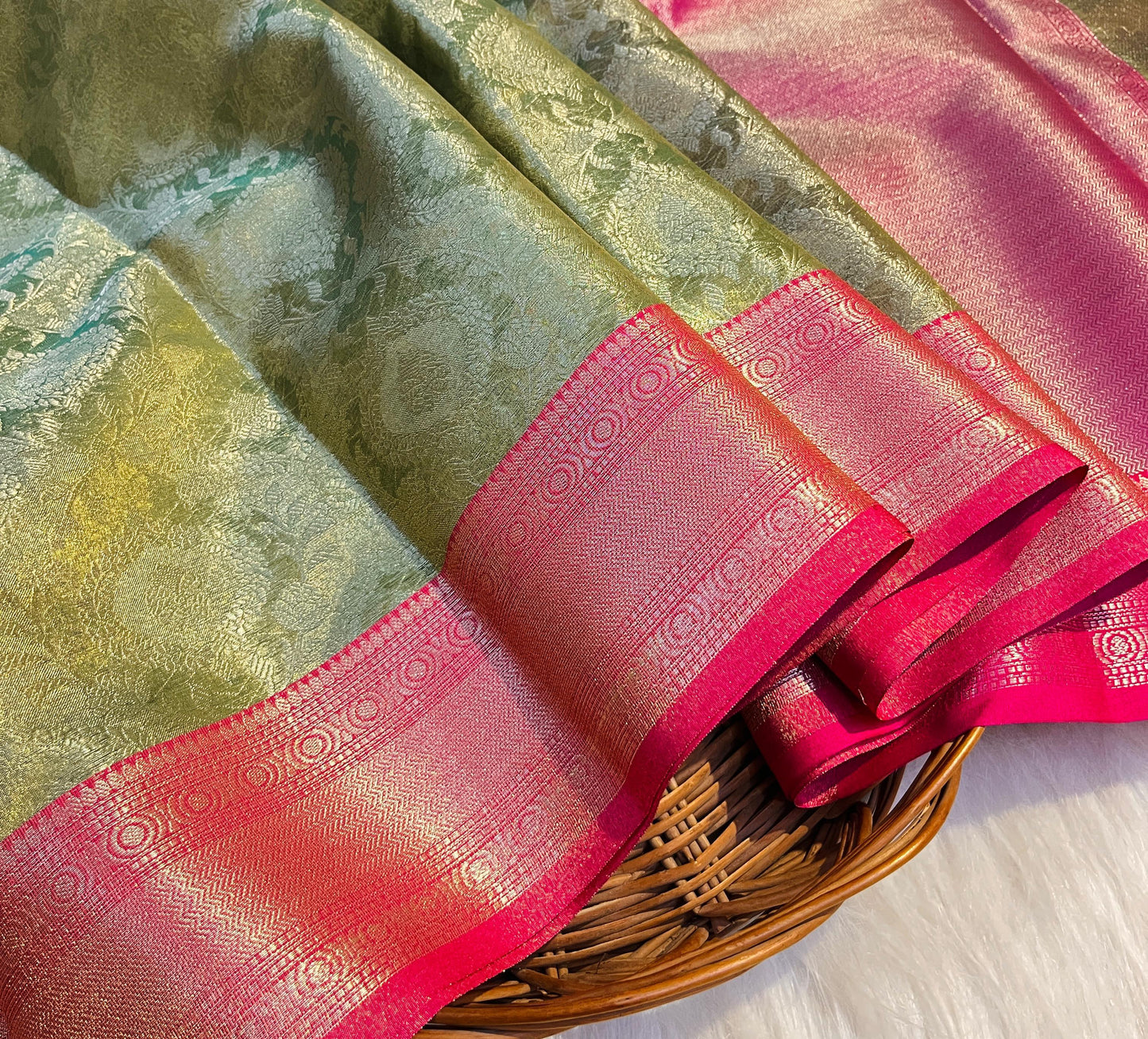 Parrot Green Color Banarasi Tissue Silk Saree Alna Apparels
