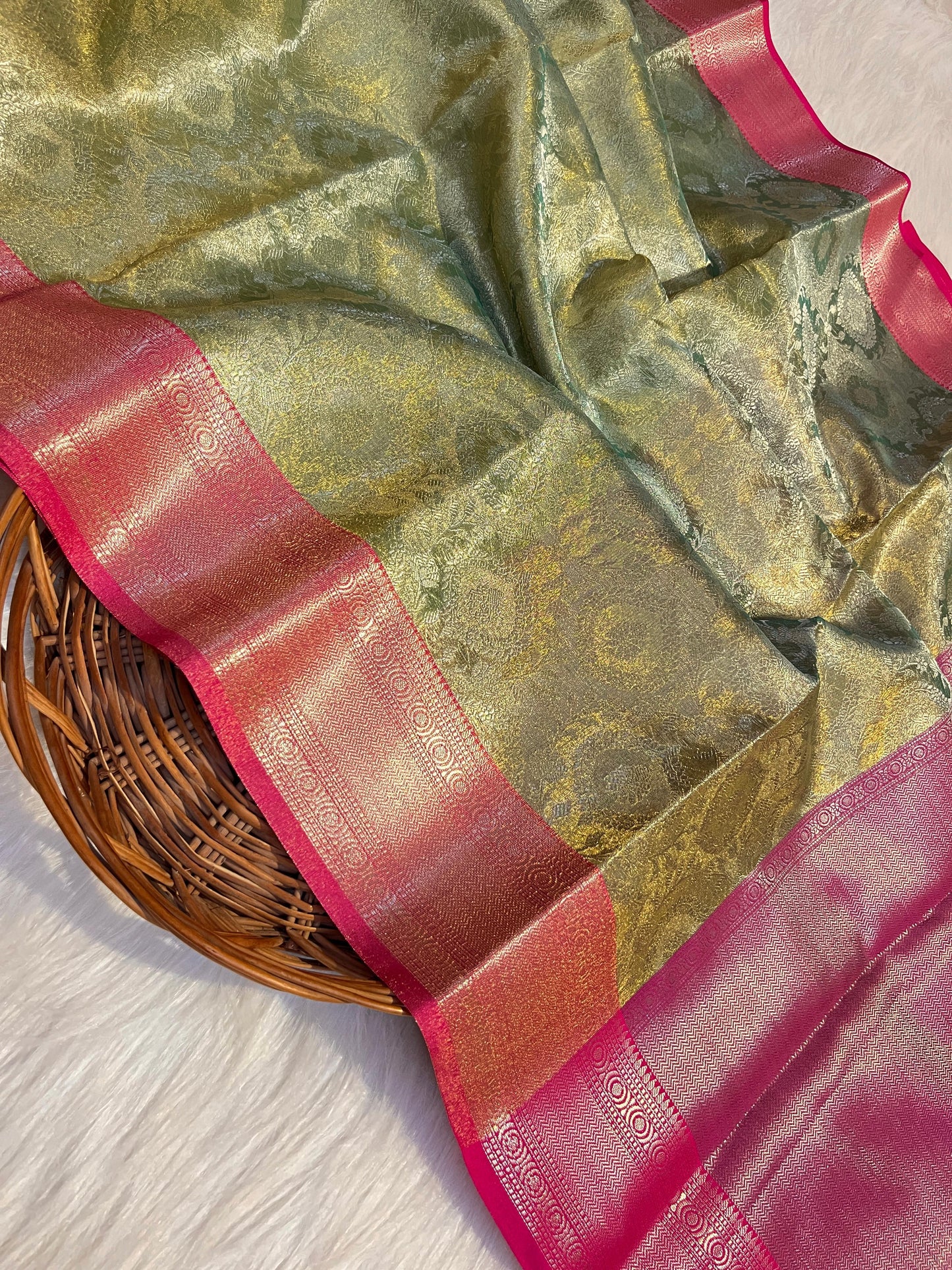 Parrot Green Color Banarasi Tissue Silk Saree Alna Apparels