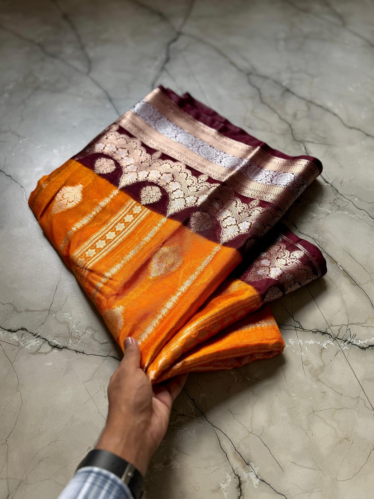 Orange Banarasi Kathan Silk Saree Alna Apparels