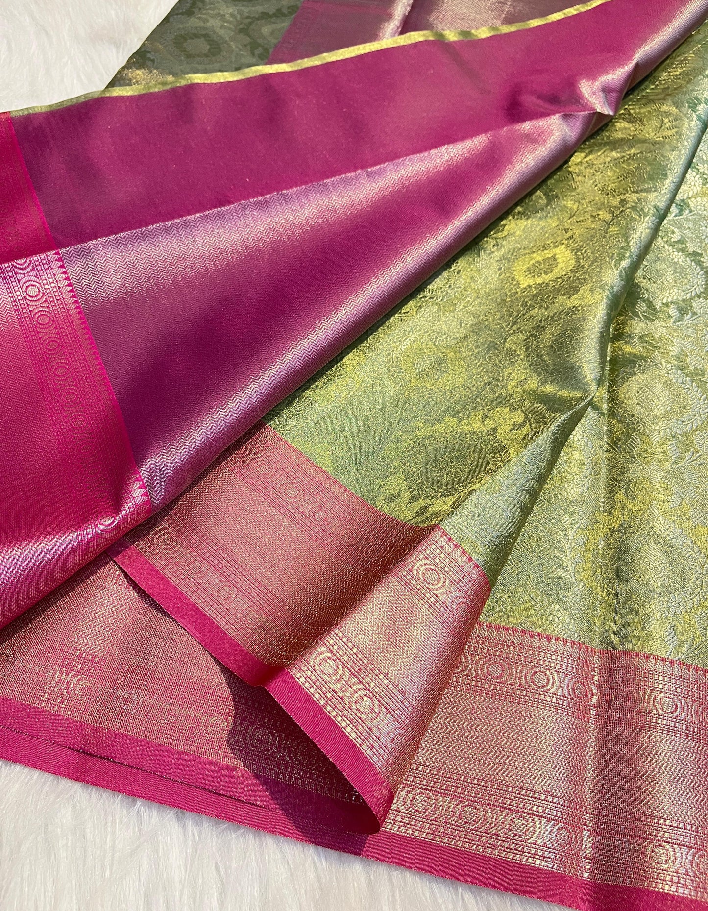 Parrot Green Color Banarasi Tissue Silk Saree Alna Apparels