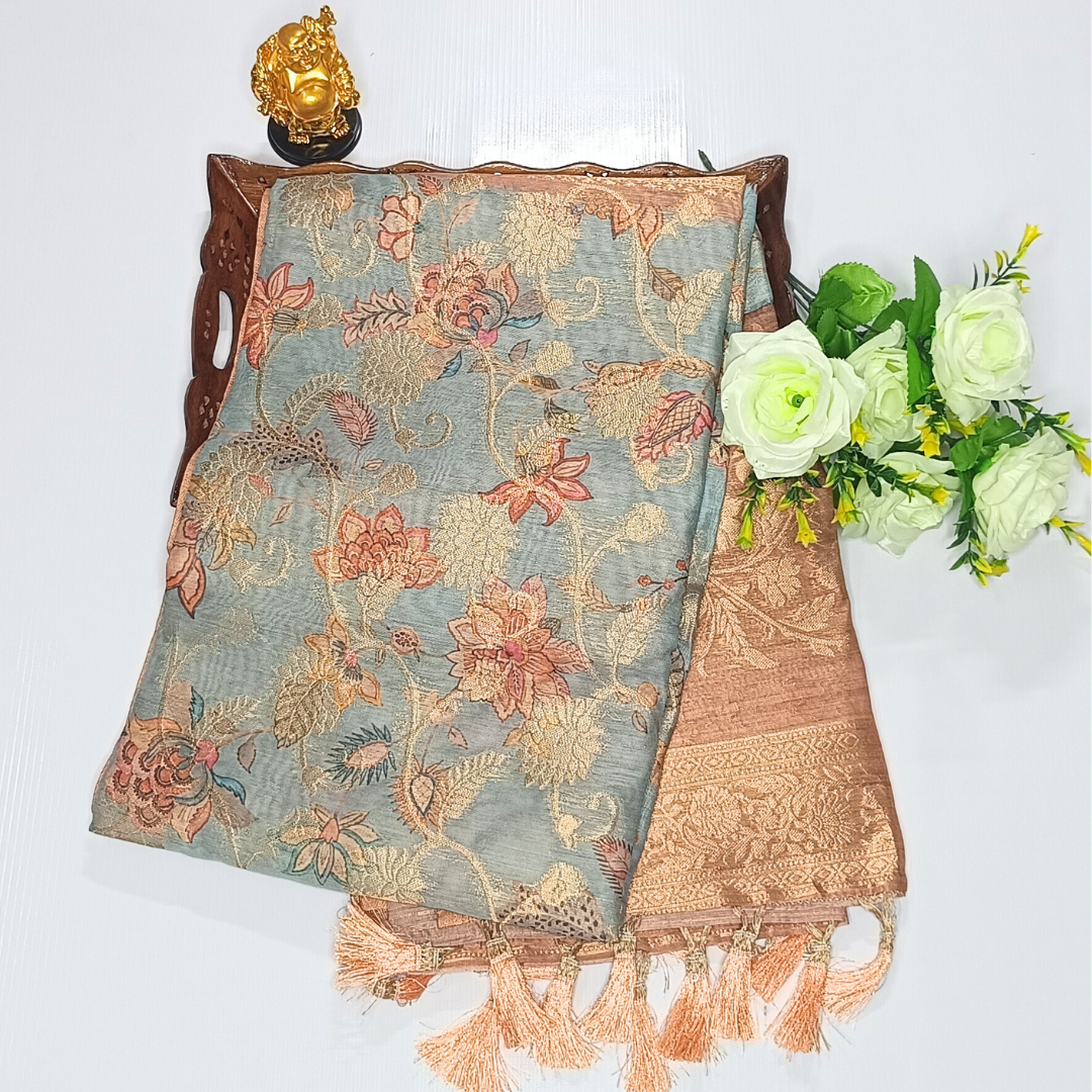 Light Blue Color Banarasi Organza Saree Alna Apparels