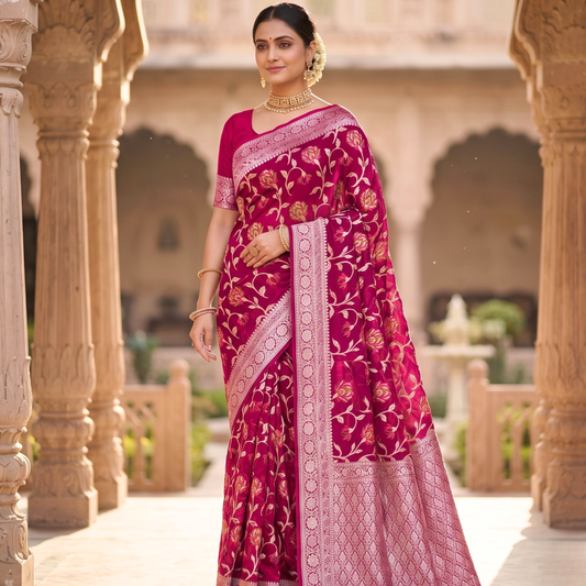 Pink Meenakari work Banarasi Silk Saree Alna Apparels
