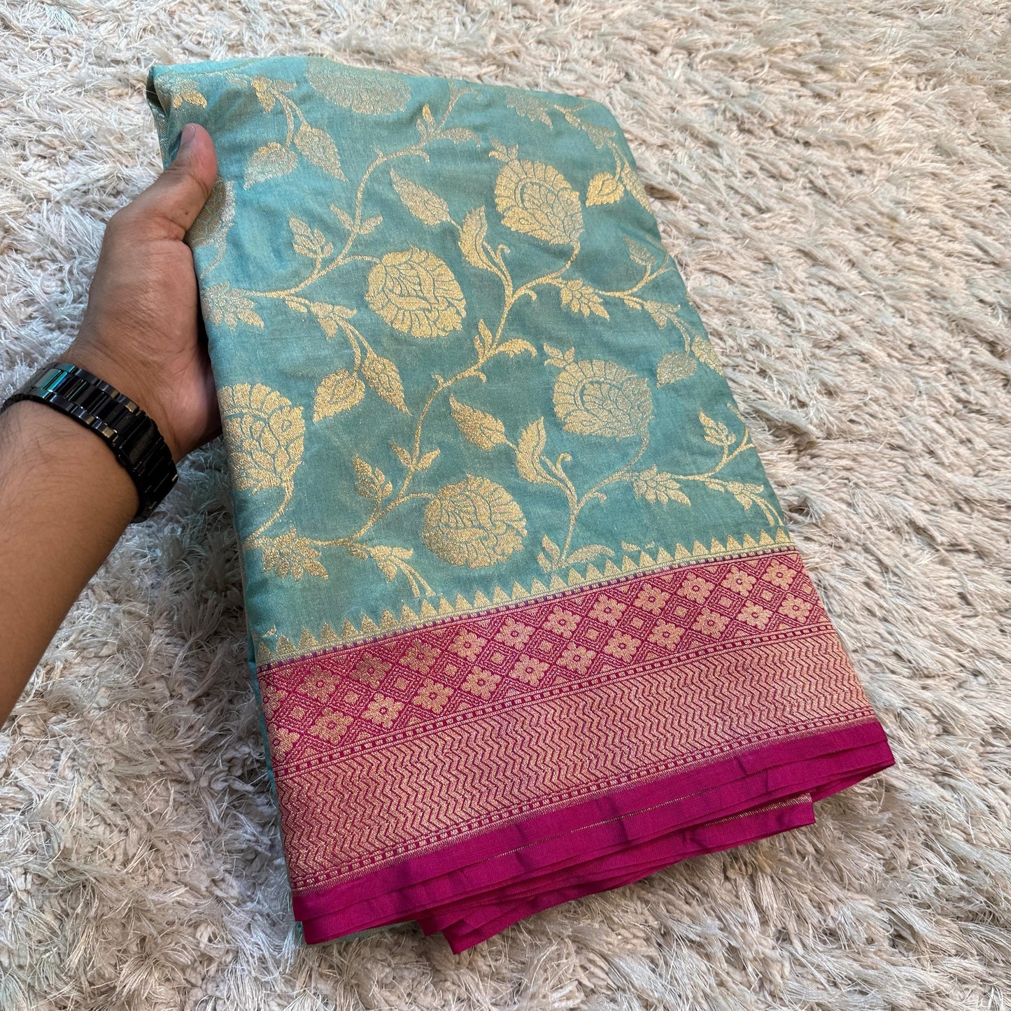 Light Blue Banarasi Mashroo Kathan Soft Silk Saree Alna Apparels