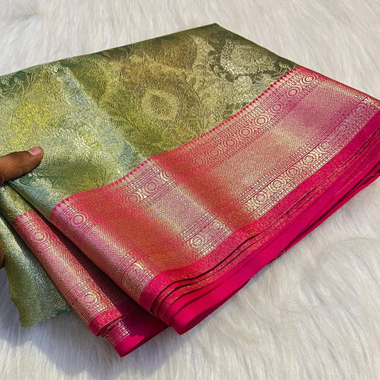Parrot Green Color Banarasi Tissue Silk Saree Alna Apparels
