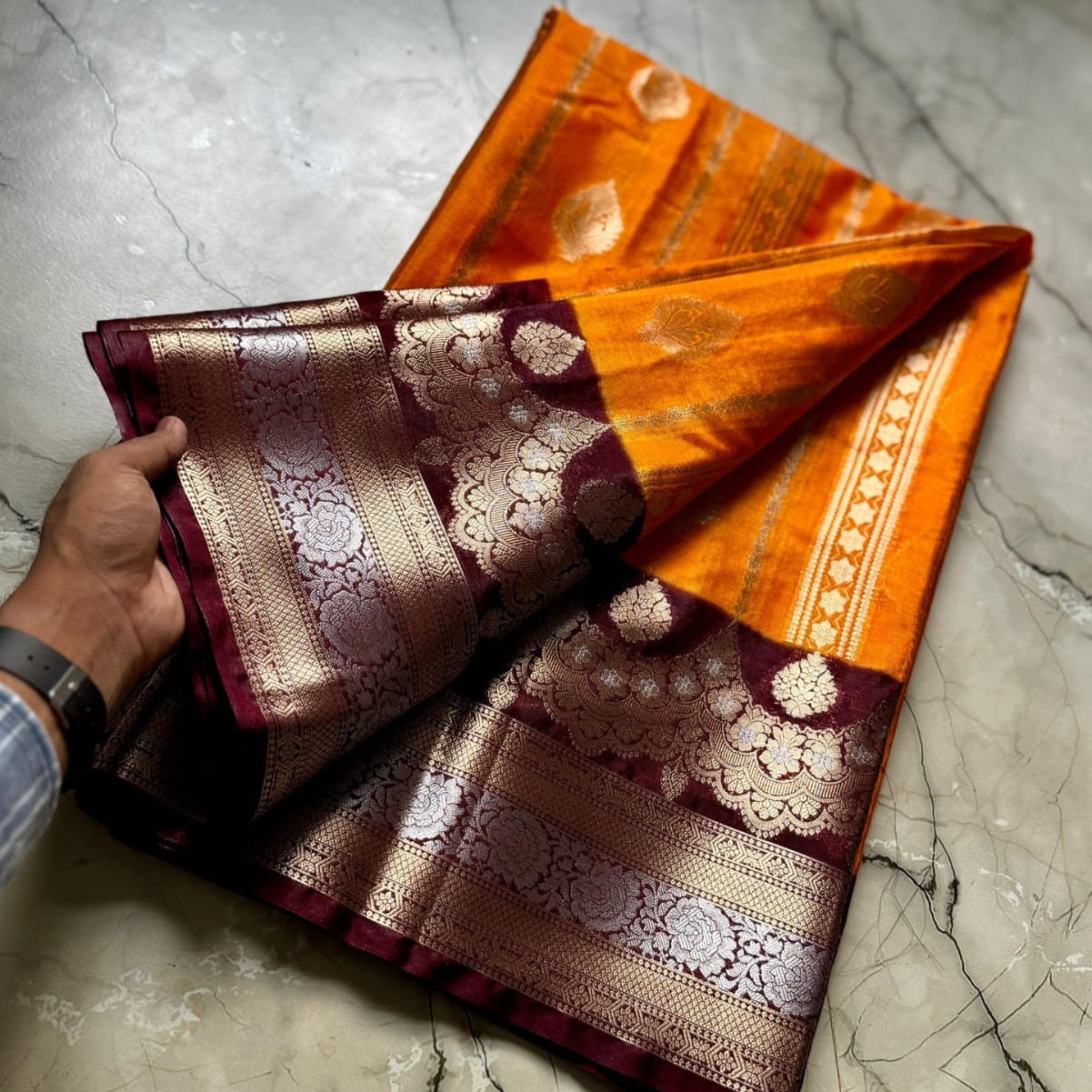 Orange Banarasi Kathan Silk Saree Alna Apparels