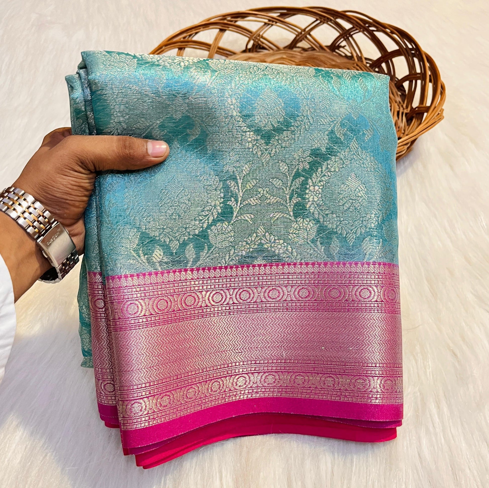 Light Blue Color Banarasi Tissue Silk Saree Alna Apparels