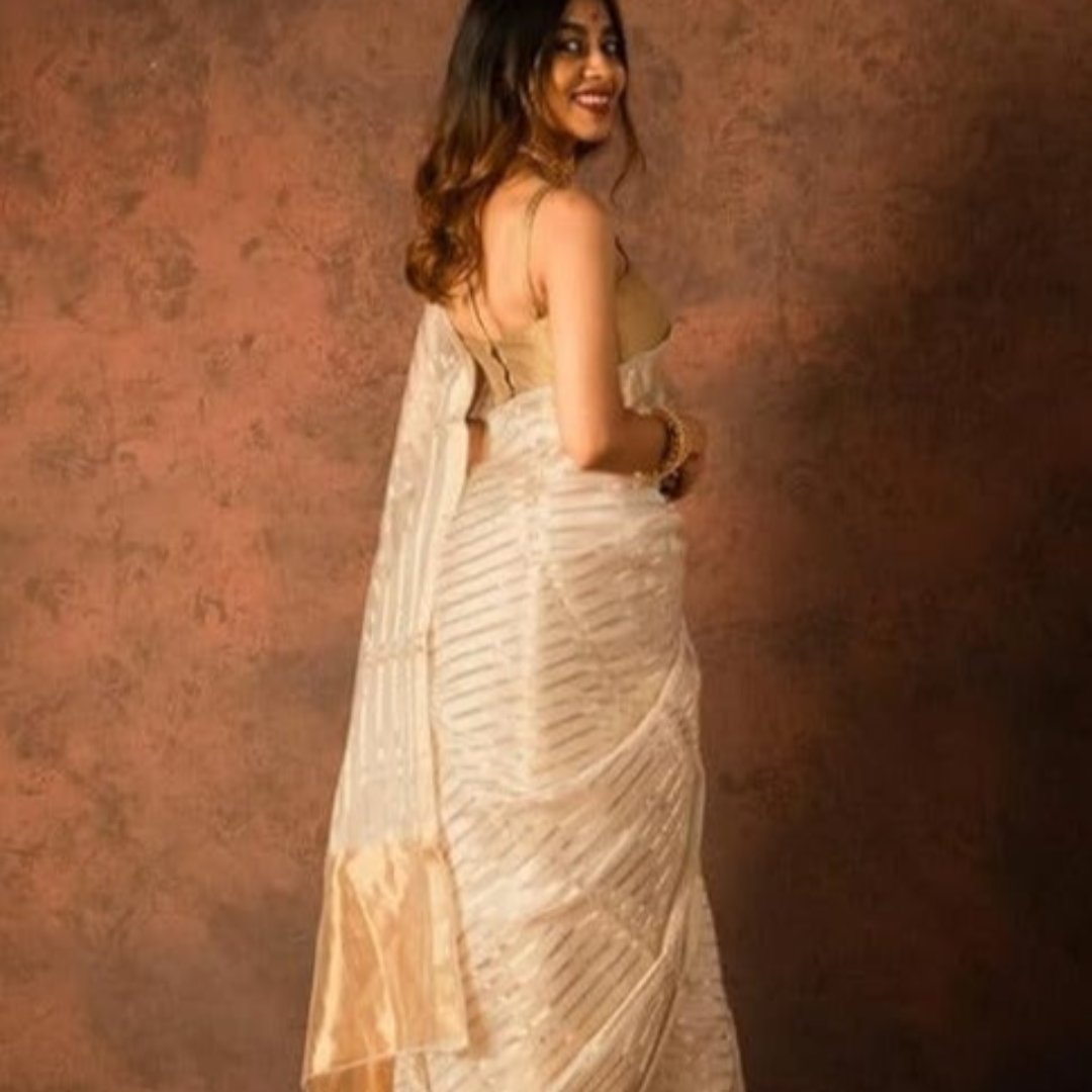 White Banarasi Organza Silk Saree Alna Apparels