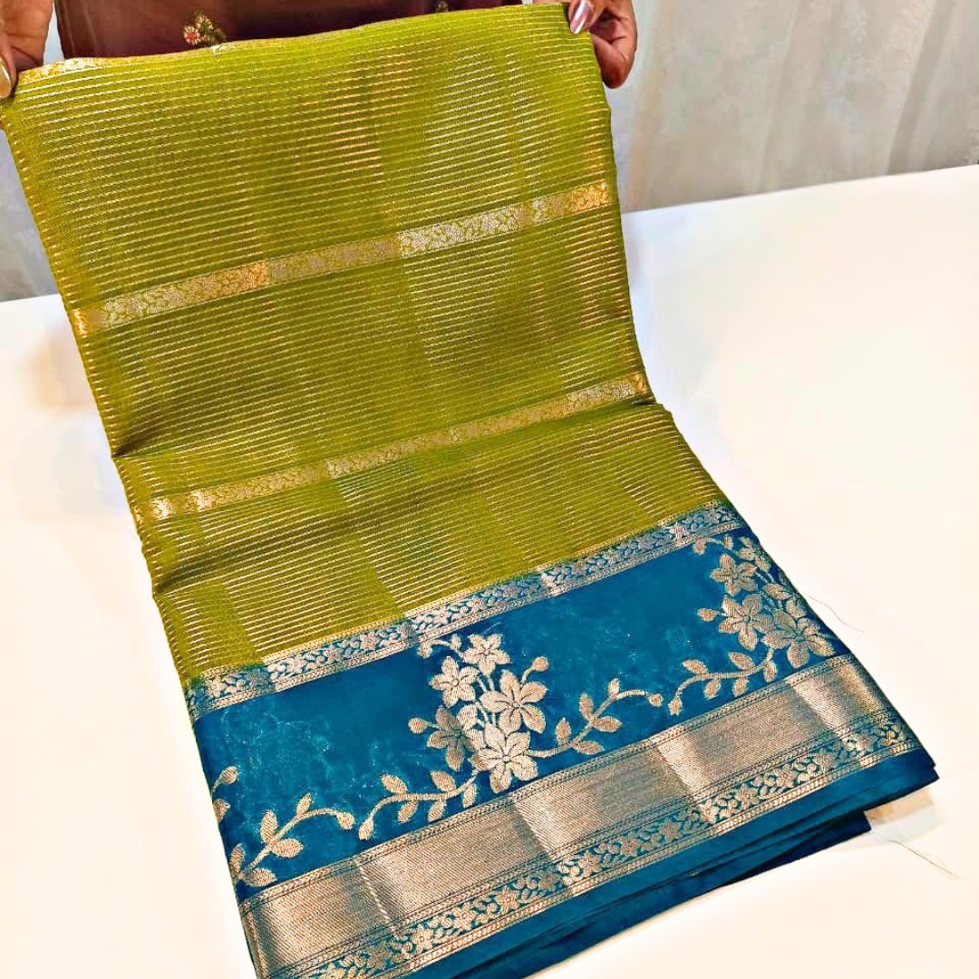 Parrot Green Color Banarasi Kathan Silk Saree Alna Apparels