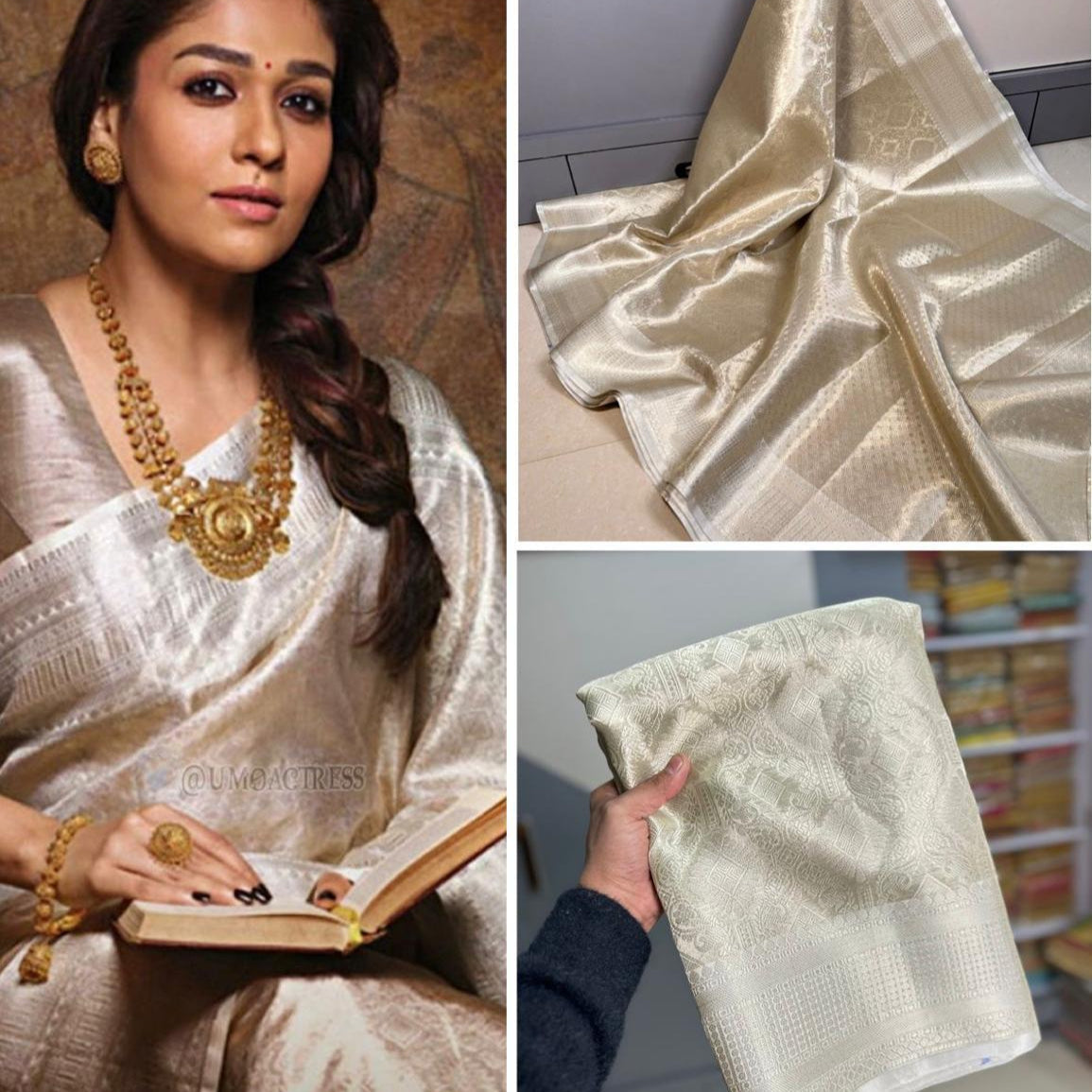 Nayantara inspired Silver Banarasi Tissue Silk Saree Alna Apparels