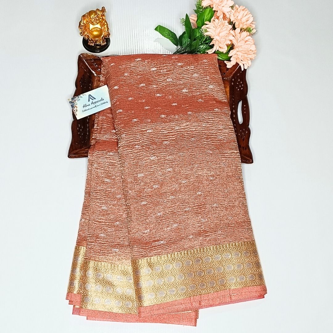 Cream Color Banarasi Crush Tissue Silk Saree Alna Apparels