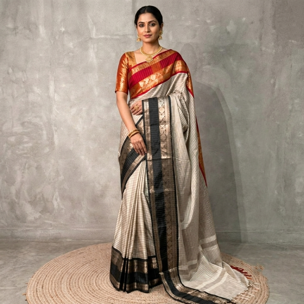Ash Color Banarasi Ganga Jamuna Soft Silk Saree Alna Apparels