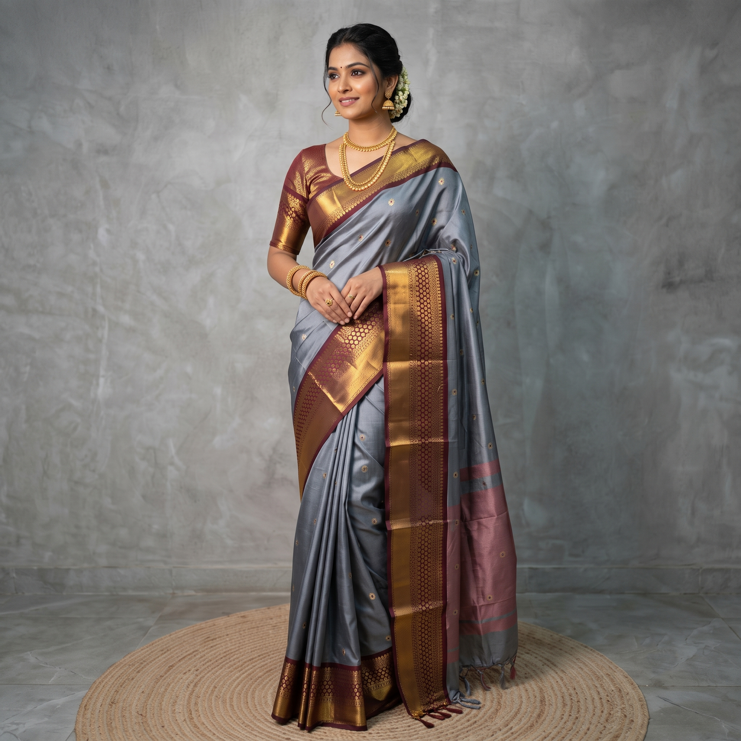 Ash Color Banarsi Katan Soft Silk Saree Alna Apparels