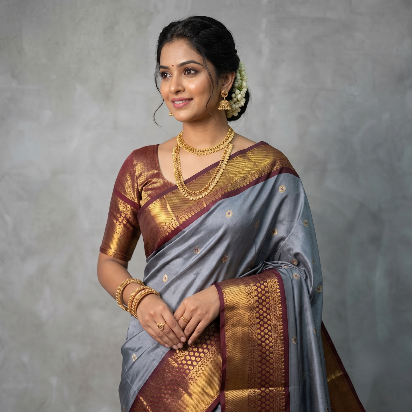 Ash Color Banarsi Katan Soft Silk Saree Alna Apparels