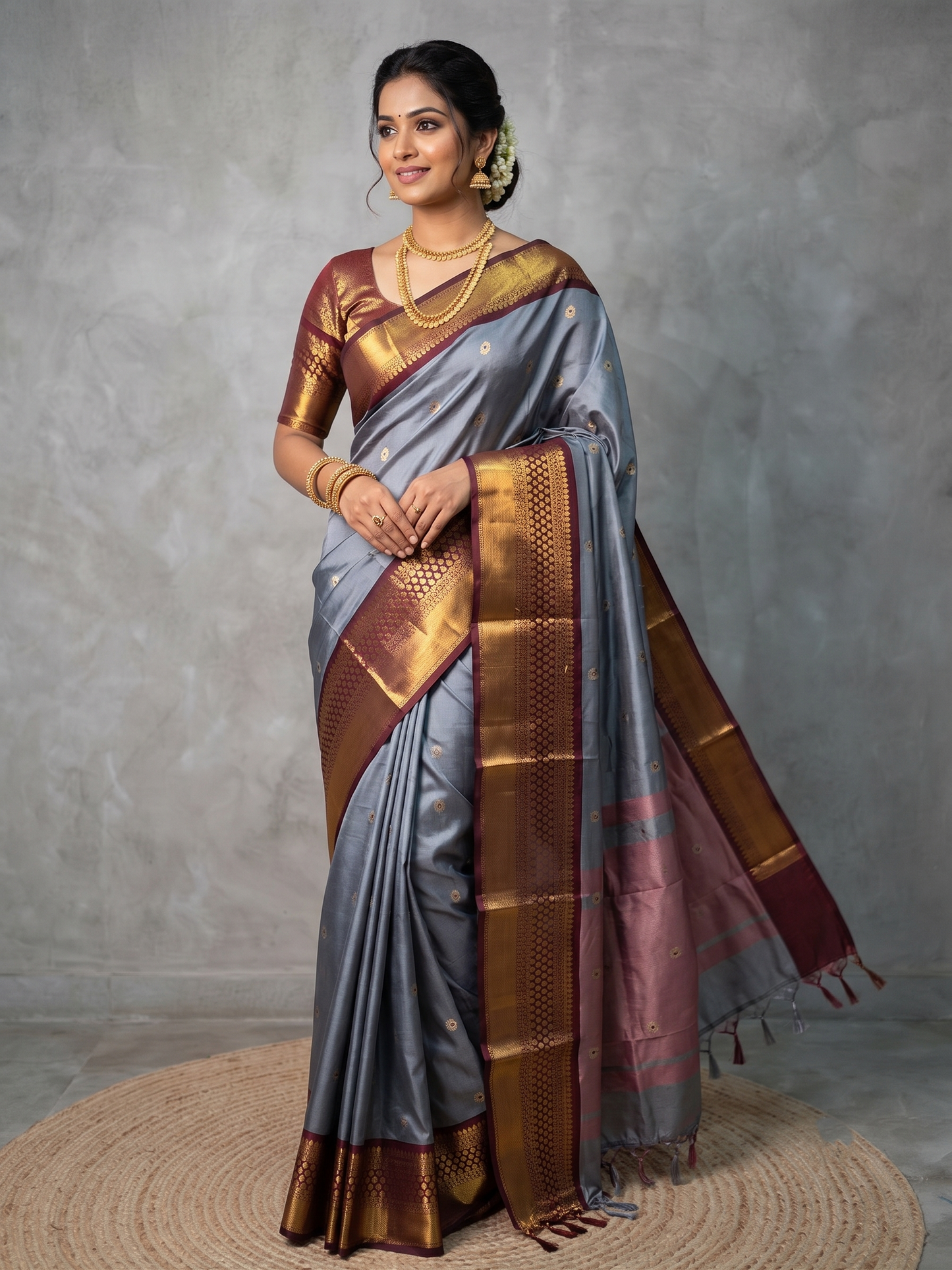 Ash Color Banarsi Katan Soft Silk Saree Alna Apparels