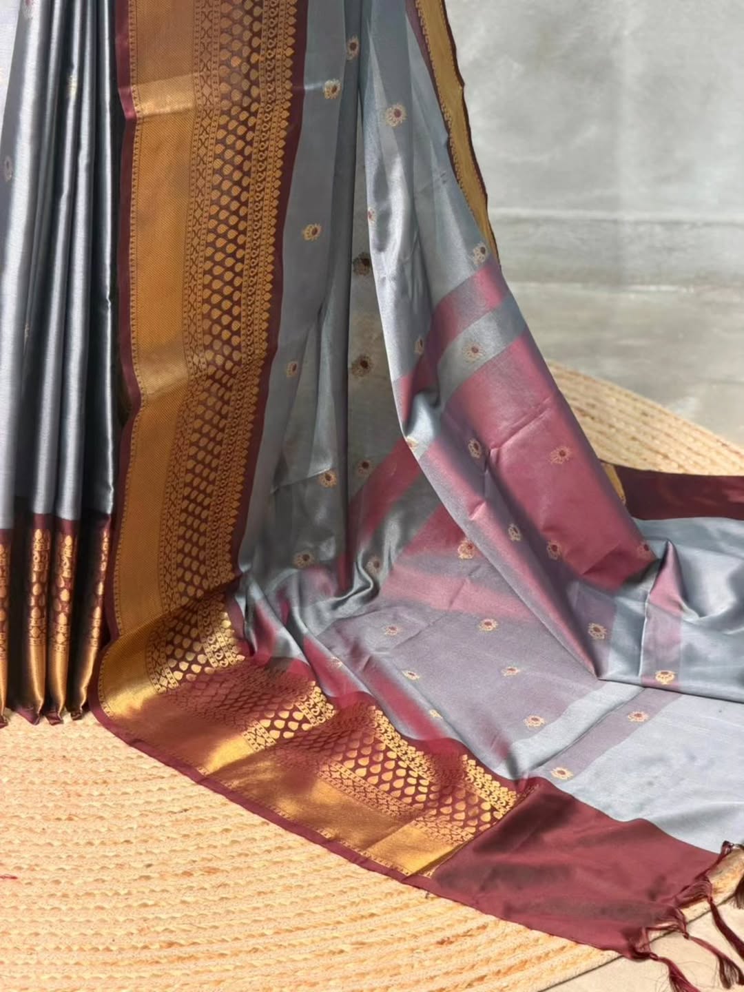 Ash Color Banarsi Katan Soft Silk Saree Alna Apparels