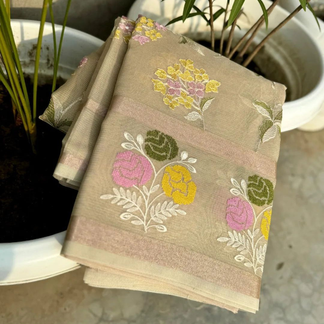 Beige Color Banarasi Embroidery Tissue Silk Saree - Alna Apparels