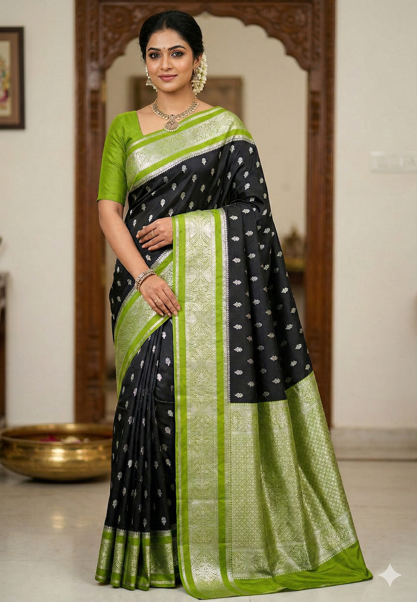Black Banarasi Kathan Dupion Silk Saree Alna Apparels