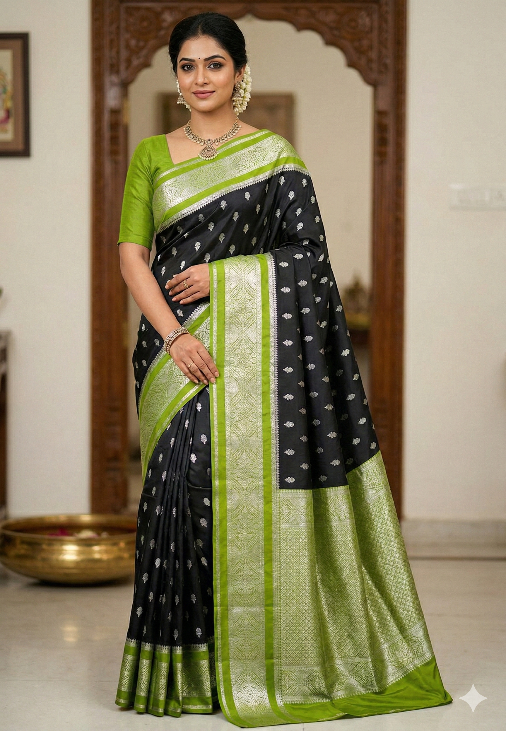 Black Banarasi Kathan Dupion Silk Saree Alna Apparels