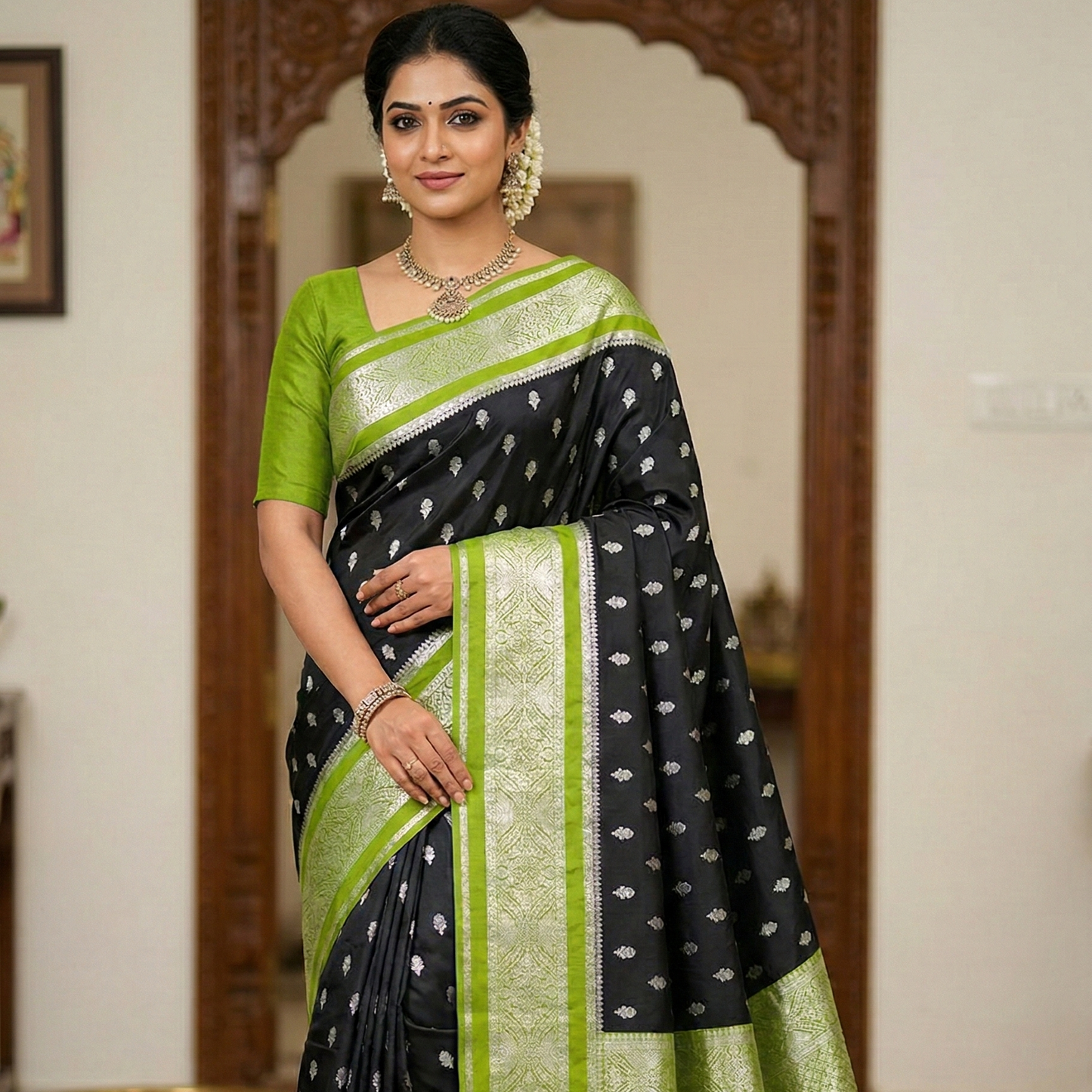 Black Banarasi Kathan Dupion Silk Saree Alna Apparels