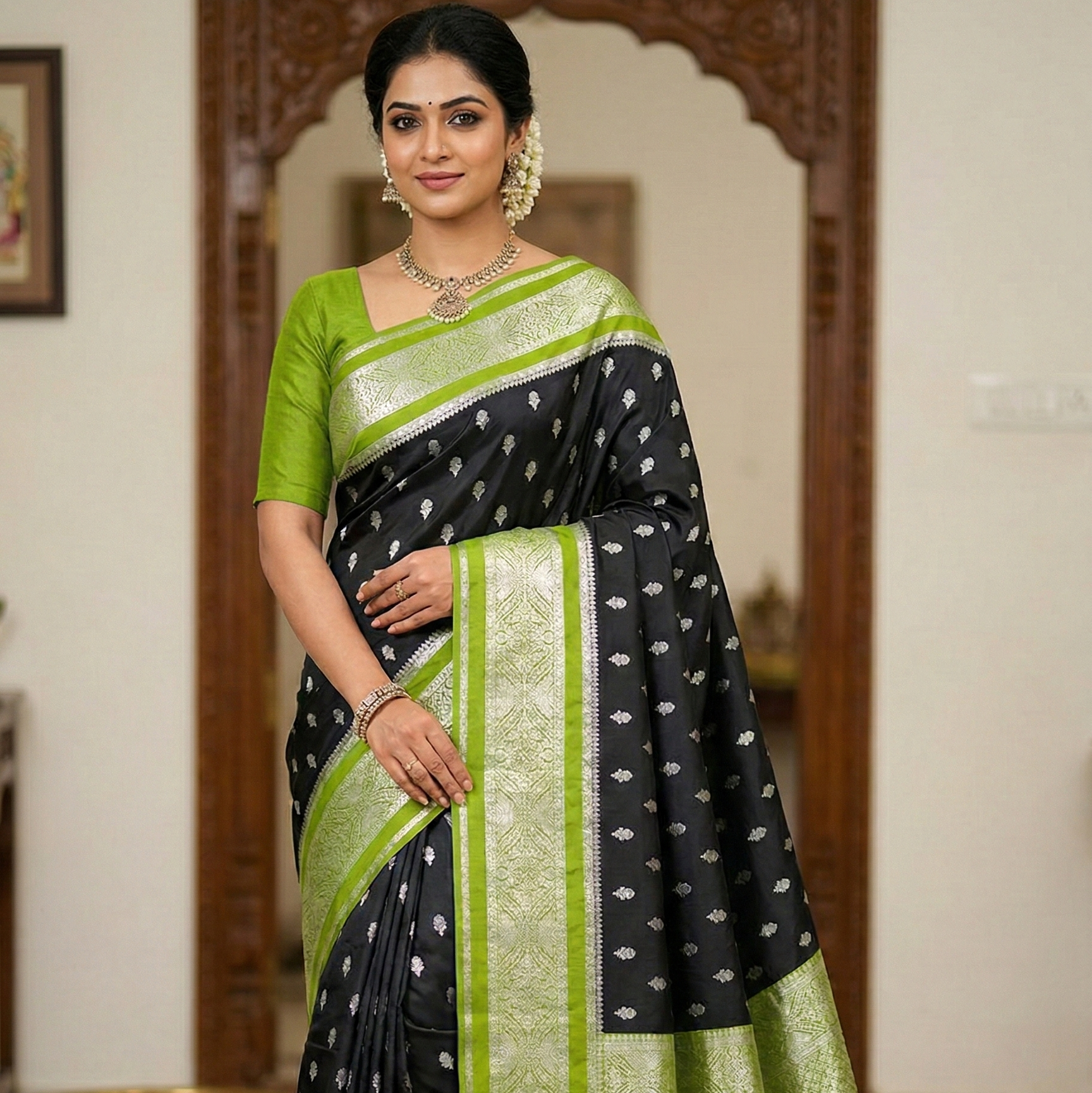 Black Banarasi Kathan Dupion Silk Saree Alna Apparels