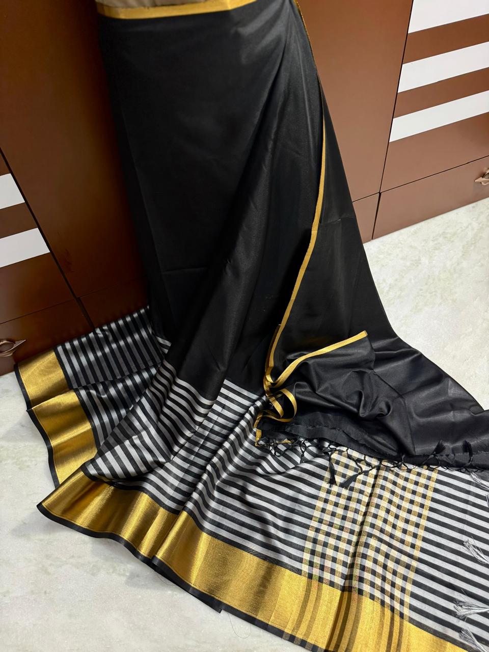 Black Banarasi Kathan Soft Silk Saree - Alna Apparels