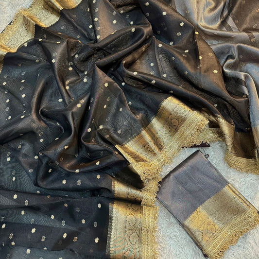 Black Banarasi Tissue Silk Saree With Lace Work Alna Apparels