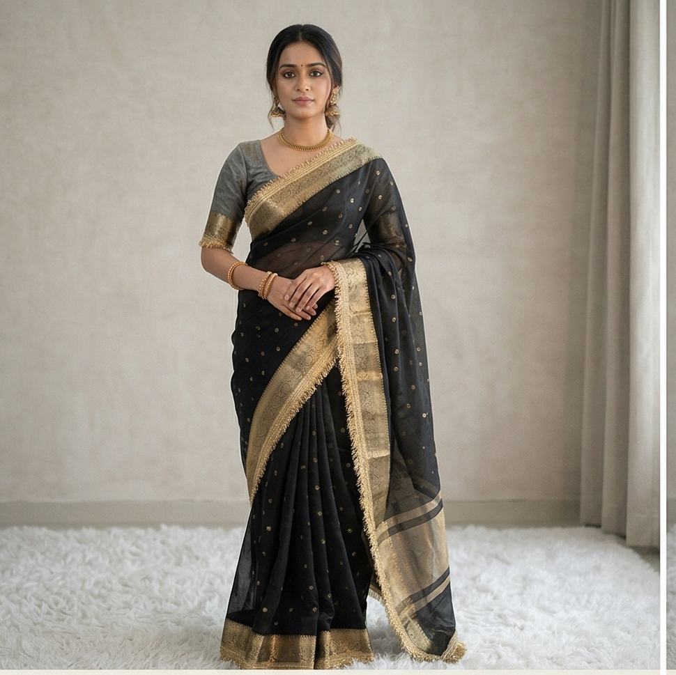 Black Banarasi Tissue Silk Saree With Lace Work Alna Apparels