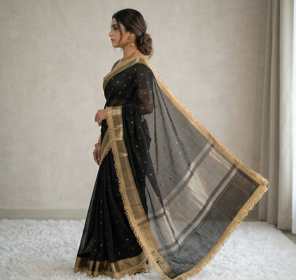 Black Banarasi Tissue Silk Saree With Lace Work Alna Apparels
