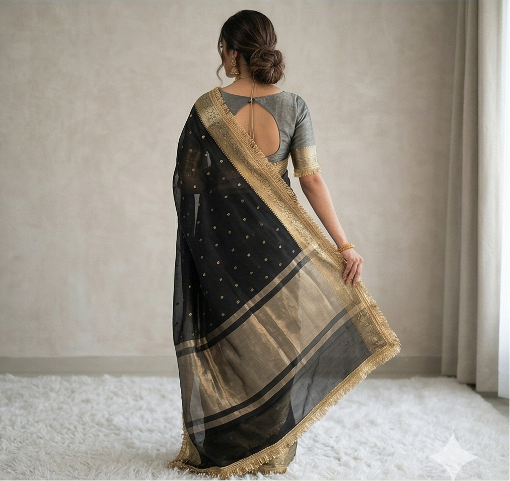 Black Banarasi Tissue Silk Saree With Lace Work Alna Apparels