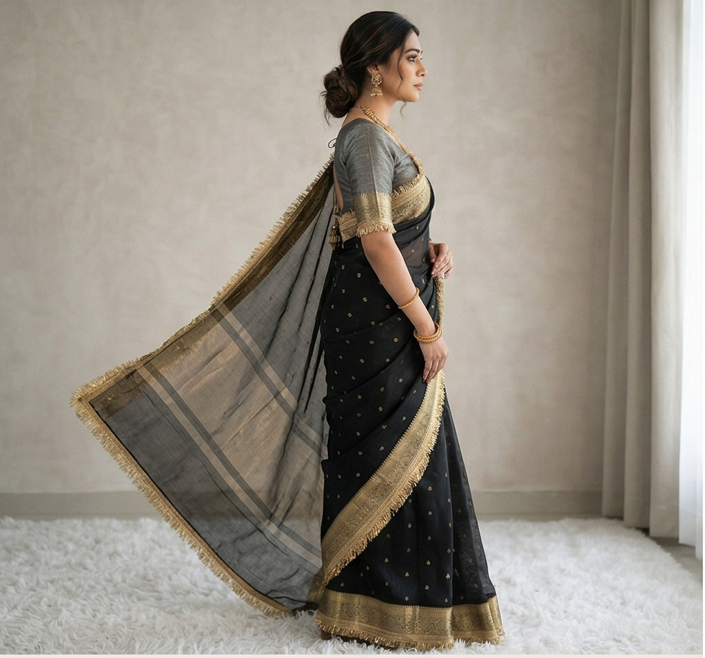 Black Banarasi Tissue Silk Saree With Lace Work Alna Apparels