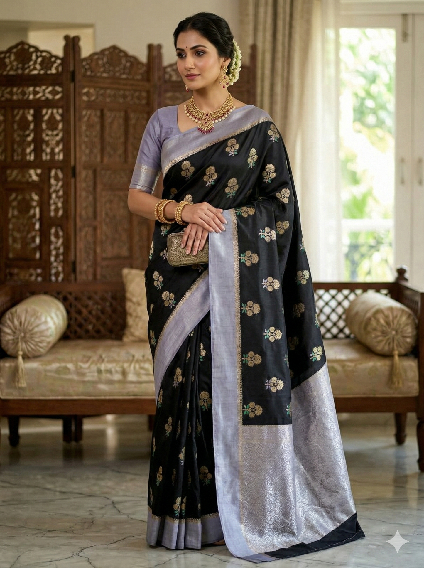 Black Color Banarasi Kathan Soft Silk Saree Alna Apparels