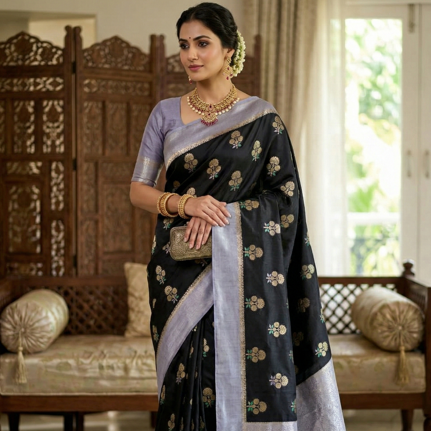 Black Color Banarasi Kathan Soft Silk Saree Alna Apparels
